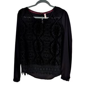 Xhileration Blouse Black Long Sleeve Velvet, Chiffon, and Lace Size Small